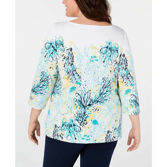 Charter Club Button-Trim Printed 3/4 Sleeve Top - Picture 2 of 8